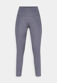 Leggings taille haute, lisses et extensibles, en tissu gris doux avec des coutures plates et sans pièces métalliques visibles, dotés d'une poche latérale.