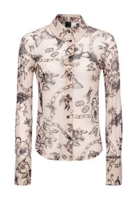 Langærmet bluse i sart lyserødt stof med sorte blomster- og sommerfugleprint, knappet front og klassisk krave.