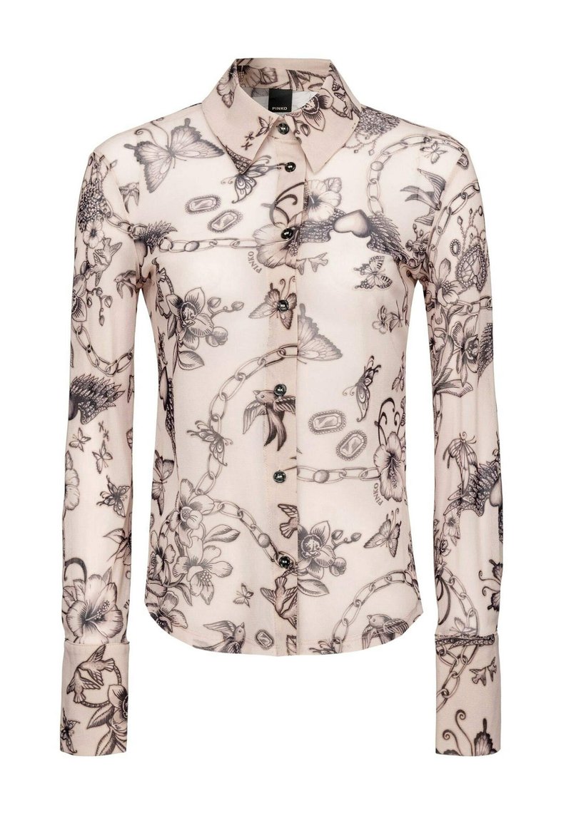 Langærmet bluse i sart lyserødt stof med sorte blomster- og sommerfugleprint, knappet front og klassisk krave.