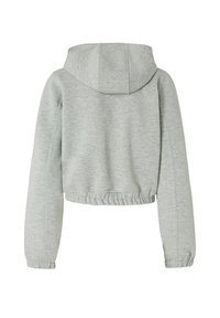 Felpa grigia corta con cappuccio, caratterizzata da maniche lunghe e una fascia in vita a coste per una vestibilità aderente. Tessuto morbido e strutturato con cuciture dritte.