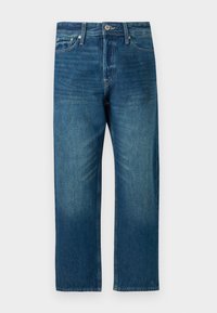 Jeans de mezclilla en azul oscuro con un diseño de pierna recta, que cuentan con un diseño de cinco bolsillos, presillas para cinturón y un cierre de botones.