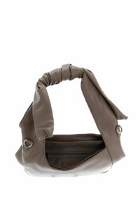 Sac à main en cuir marron avec une poignée nouée, des accents métalliques latéraux et un compartiment zippé. Texture lisse avec une forme arrondie.