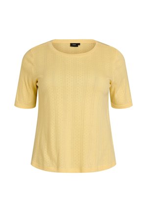 Rumeno pleteno majico z kratkimi rokavi, okroglim izrezom in nežnim vzorcem navpičnih odprtin, označeno kot Zizzi velikost XL.