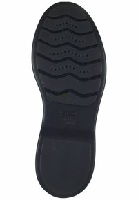 Suola di scarpa in gomma nera con un motivo a ondulazione e piccoli fori di ventilazione. Contrassegnata con il nome del marchio "GEOX" e "ITALIAN RAINPROOF."