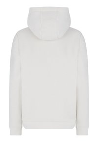 Felpa grigia chiaro realizzata in tessuto morbido, con cucitura centrale, cappuccio con cordini e polsi e fondo a costine, caratterizzata da una texture liscia.