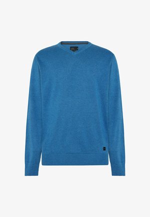Blue knitted sweater with a V-neck design, ribbed cuffs and hem, smooth texture, featuring a small black logo tag near the bottom left.