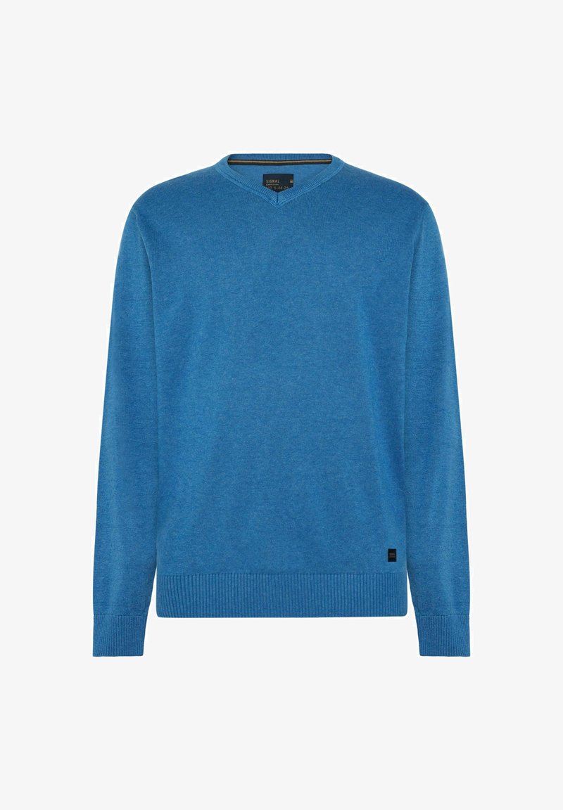 Pulover albastru tricotat cu un design în formă de V, cu manșete și tiv cu dantelă, textură netedă, având un mic etichetă logo neagră în apropierea colțului din stânga jos.