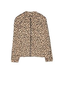 Giacca con stampa leopardata in beige con dettagli neri. Presenta una chiusura con zip, polsini a coste e maniche lunghe. Tessuto liscio, vestibilità corta.