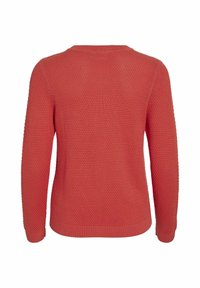 Pull en maille texturée rouge corail avec manches longues, poignets, ourlet et encolure côtelés, vu de dos sur fond blanc.