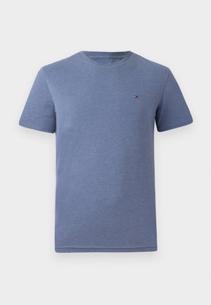Blue short-sleeve t-shirt made of soft cotton, featuring a crew neckline and a small logo on the left chest area. Simple design and texture.