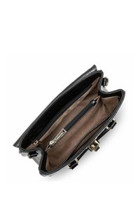 Borsa a mano in pelle nera con texture a stampa coccodrillo, hardware dorato e interno in tessuto marrone dotato di tasca con zip.