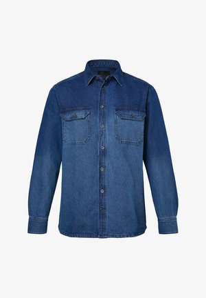 Blaues Denim-Hemden mit langen Ärmeln, Knopfleiste vorne, spitzem Kragen und zwei Brusttaschen mit Knopflaschen.