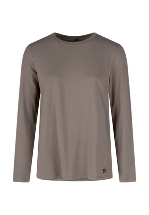 Langärmeliges Hemd in Hellbraun aus weichem Stoff, mit rundem Ausschnitt und kleinem Emblem an der unteren Seite.