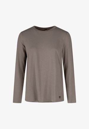 Langärmeliges Hemd in Hellbraun aus weichem Stoff, mit rundem Ausschnitt und kleinem Emblem an der unteren Seite.