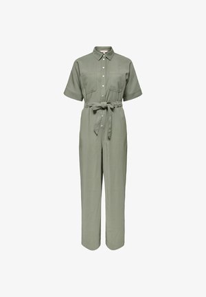 Olíva zöld, rövid ujjú overál gombos elejjel, két mellzsebbel, gallérral és derékon megkötött szövet övvel.