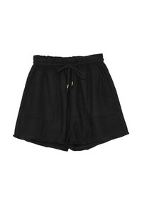 Pantaloni corti neri in lino con una cintura elastica, cordino regolabile, due tasche frontali e dettaglio orlo sfilacciato.