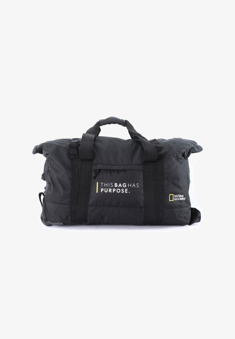 Black duffel bag made of durable fabric, featuring a padded handle, side zipper pocket, and printed text: “THIS BAG HAS PURPOSE.” National Geographic logo.