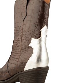 Bruna faux krokodilmönstrade cowboystövlar med blanka silverdetaljer och en staplad häl. Har sydda detaljer och en spetsig tådesign.
