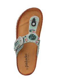 Infradito con perline, dotati di una striscia verde menta, perline decorative multicolori e una soletta imbottita marrone. Dettagli in metallo argentato.