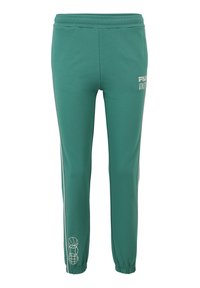 Gröna sweatpants i mjukt tyg, med vitt logotryck och sidostråk, elastisk midja och elastiska fållar vid anklarna.