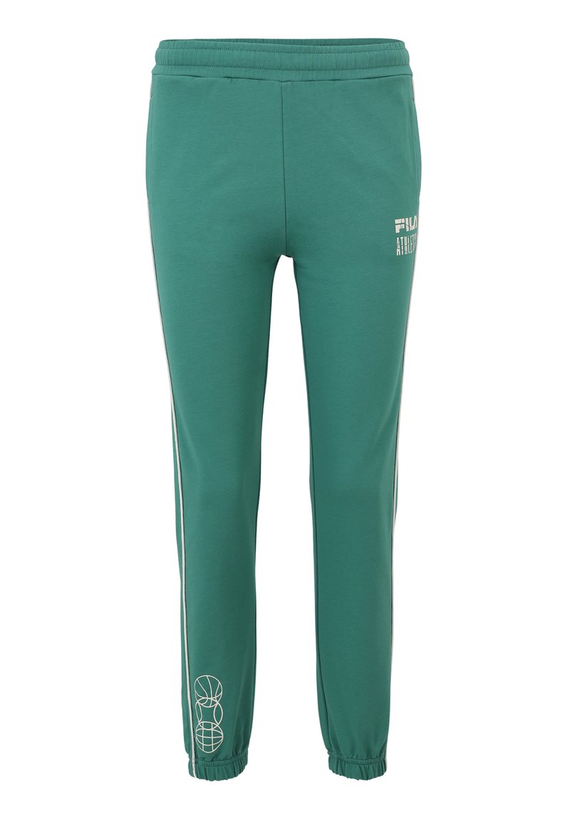 Gröna sweatpants i mjukt tyg, med vitt logotryck och sidostråk, elastisk midja och elastiska fållar vid anklarna.