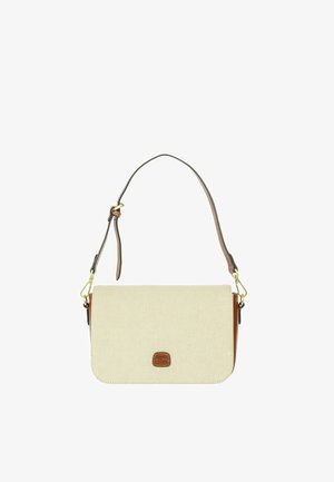 Beige rechteckige Crossbody-Tasche mit braunem Leder-Riemen und Besatz, goldfarbenen Beschlägen und kleinem Logopatch auf der Vorderklappe.