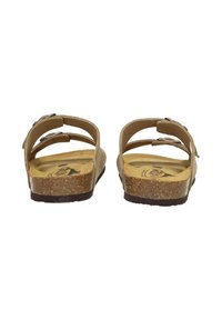 Brown strappy sandals with adjustable buckles, cork footbed, and textured outsole. Features an embossed logo on the insole.
