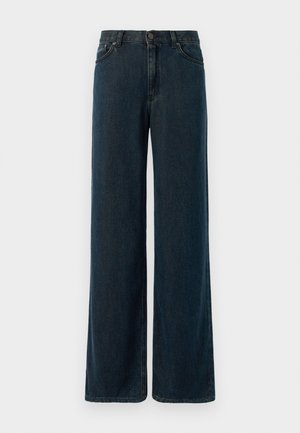 Hellebeinen, dunkelblaue Jeans aus Denim mit hoher Taille, Fünf-Taschen-Design und subtilen Nähdetails. Der Stoff hat eine glatte Textur.
