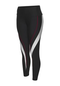 Melni sporta legingi ar augstu jostasvietu, ar baltām un sarkanām izliekamām daļām un plakano šuvju apstrādi, lai nodrošinātu gludu tekstūru.
