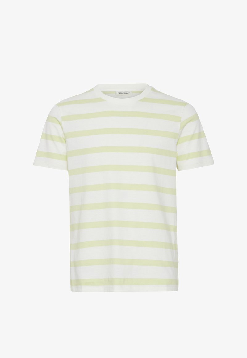 T-shirt à manches courtes blanc avec des rayures horizontales vert clair, fabriqué en tissu doux. Encolure ronde, coupe décontractée, branding minimal sur l'étiquette.
