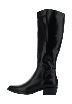 Bota negra brillante de cuero hasta la rodilla con tacón bajo de bloque y puntera redondeada, mostrada de lado sobre un fondo blanco.