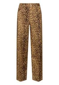 Hnedo-beige nohavice s leopardím vzorom, so rovnými nohavicami, gombíkovým zapínaním a textúrovanou tkaninou.