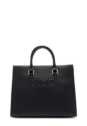 Sac à main structuré noir avec deux poignées, surface texturée et logo embossé "LIU JO MILANO" à l'avant.