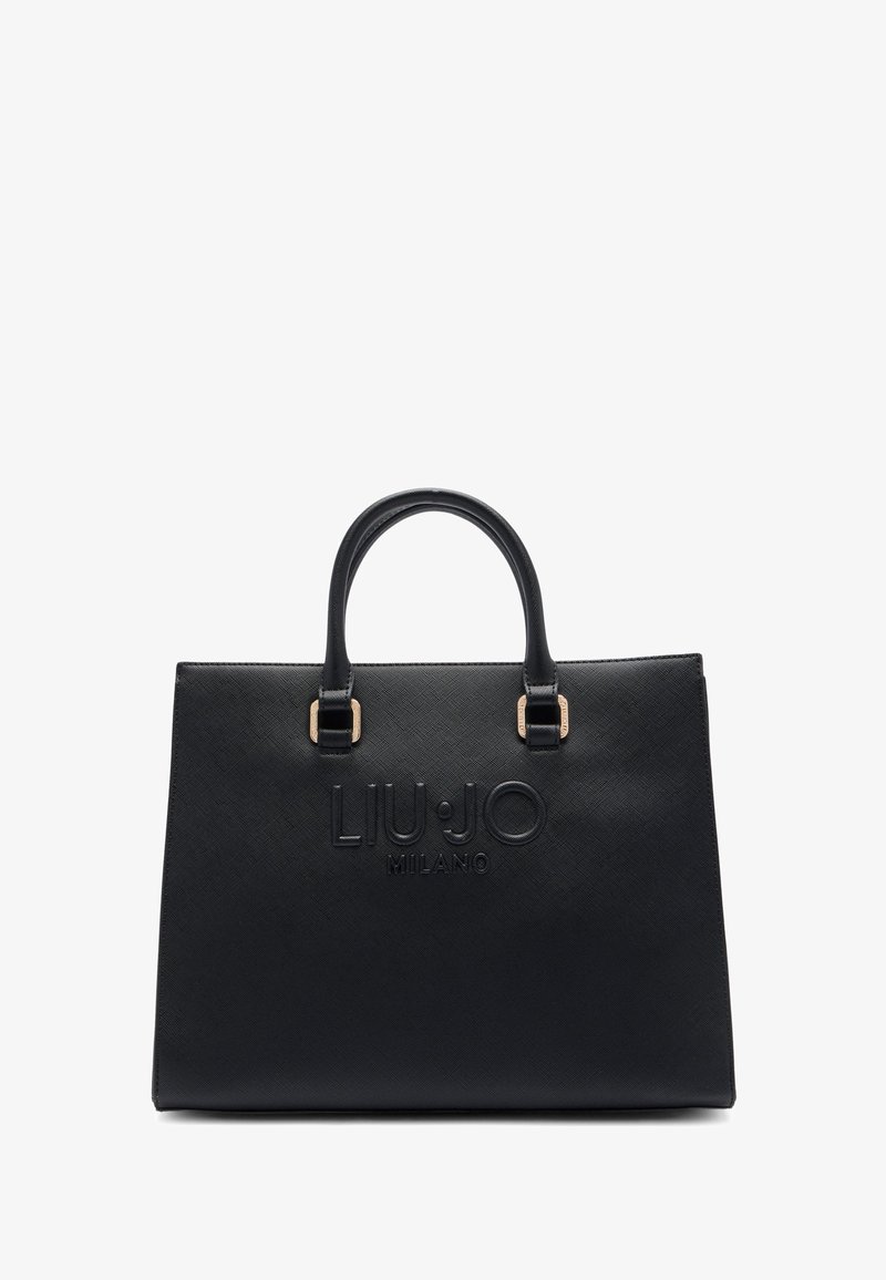 Sac à main structuré noir avec deux poignées, surface texturée et logo embossé "LIU JO MILANO" à l'avant.