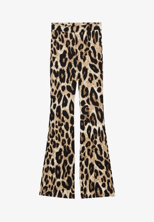 Pantaloni a zampa d'elefante con stampa leopardata nei toni del nero e del marrone, texture a coste e design a vita alta.