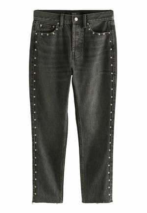 Sorte denimjeans med lige snit, der har sølvnitter langs de ydre sømme og en rå kant forneden.