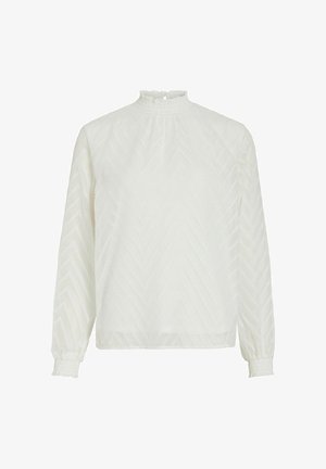 Witte blouse met lange mouwen, hoge hals, smockdetails, visgraatstructuur en elastische manchetten. Lichtgewicht en doorschijnende stof.