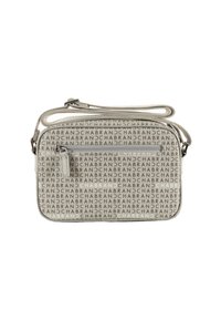 Borsa a tracolla in pelle grigia testurizzata, caratterizzata da stampa del marchio ripetuta, scomparto con zip, tracolla regolabile, forma rettangolare.