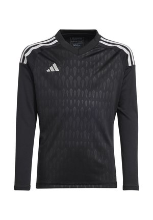 Schwarzes Sporttrikot mit langen Ärmeln und V-Ausschnitt, das ein dezentes Rautenmuster aufweist, drei weiße Streifen an den Schultern und ein Adidas-Logo.