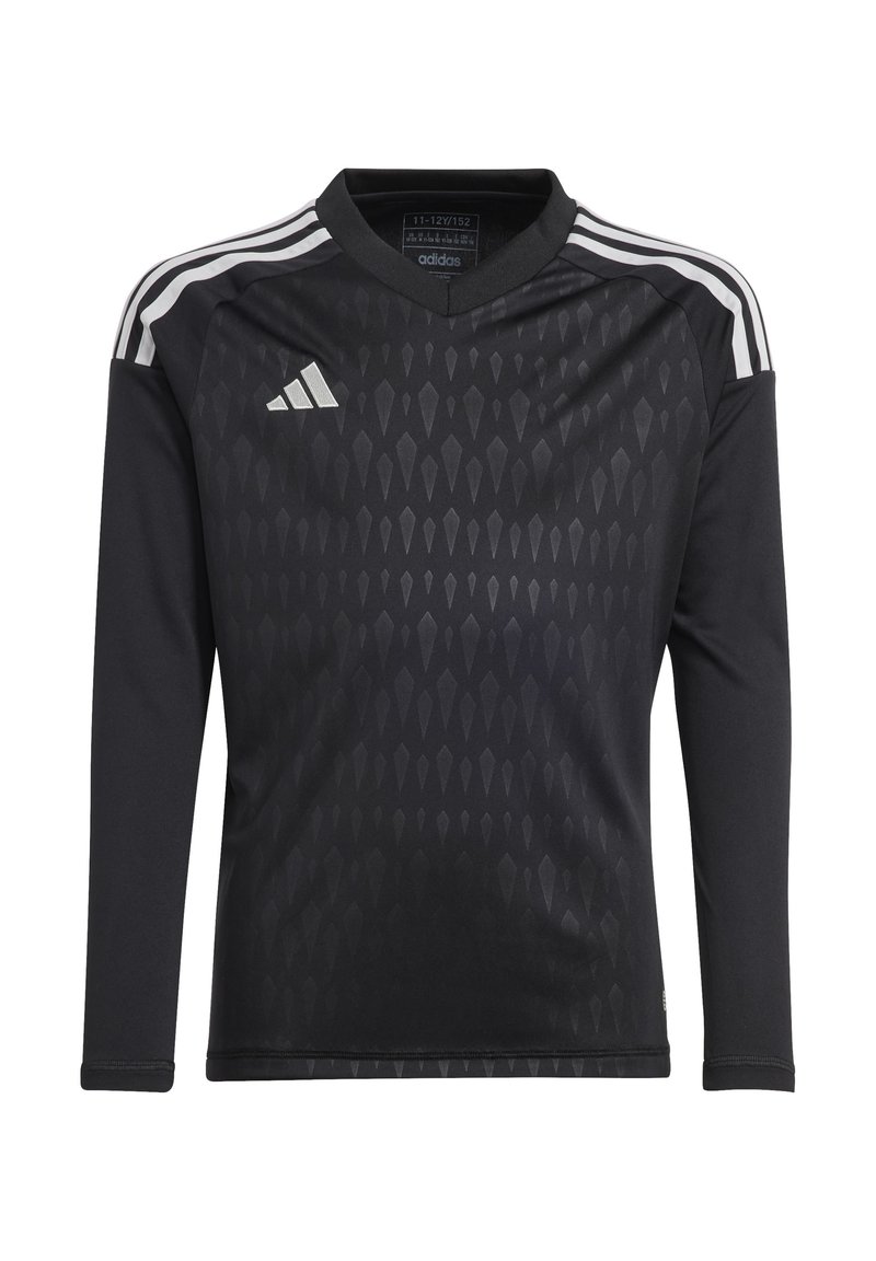Maillot de sport à manches longues noir avec un col en V, présentant un motif de diamant subtil, trois bandes blanches sur les épaules et un logo Adidas.