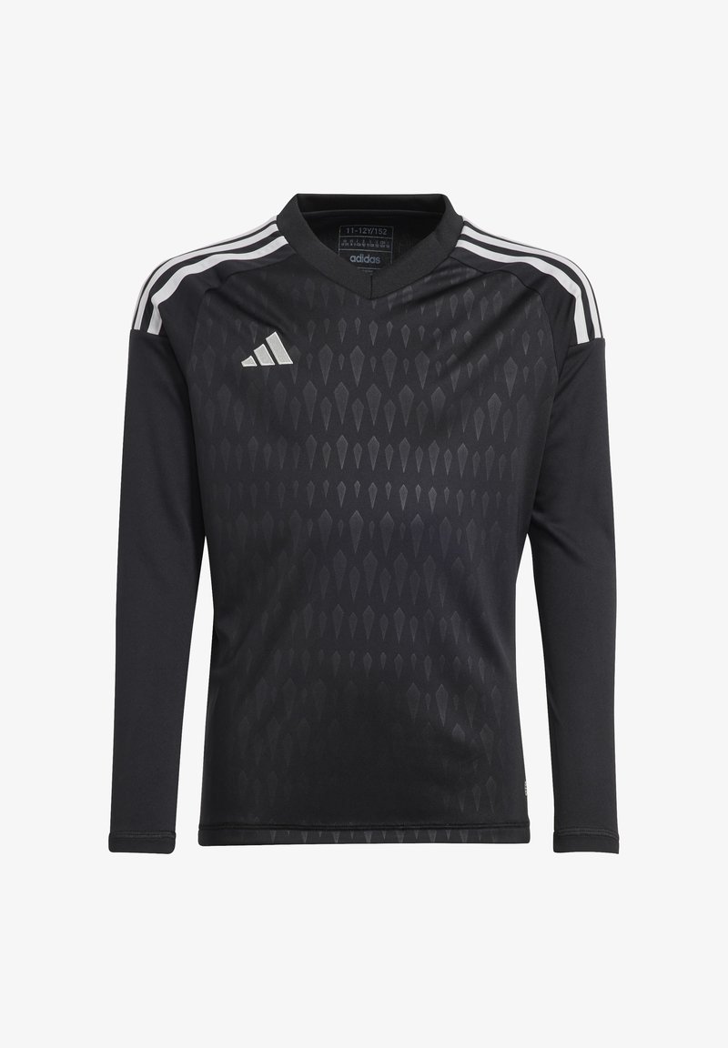 Schwarzes Sporttrikot mit langen Ärmeln und V-Ausschnitt, das ein dezentes Rautenmuster aufweist, drei weiße Streifen an den Schultern und ein Adidas-Logo.