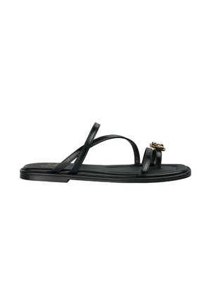 Sandali neri flat con cinghie sottili, una finitura in pelle liscia e un piccolo elemento decorativo sulla punta.