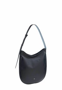 Zwarte leren schoudertas met een gladde textuur, gebogen vorm, verstelbare schouderband en subtiele logo-details aan de onderzijde van de voorkant.