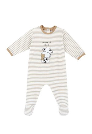 Bodysuit rayé pour bébé en crème et beige, présentant un graphisme de vache tenant un ours en peluche. Manches longues et pieds fermés. Tissu doux.