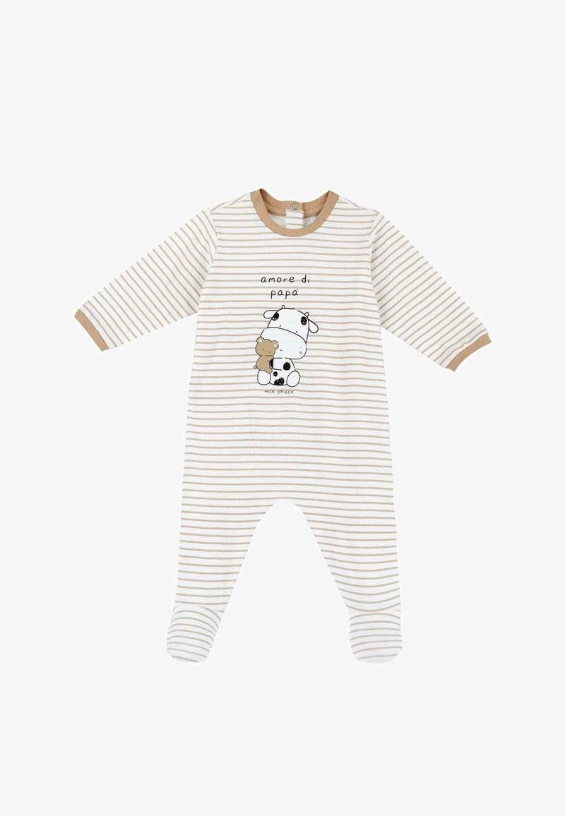 Bodysuit rayé pour bébé en crème et beige, présentant un graphisme de vache tenant un ours en peluche. Manches longues et pieds fermés. Tissu doux.