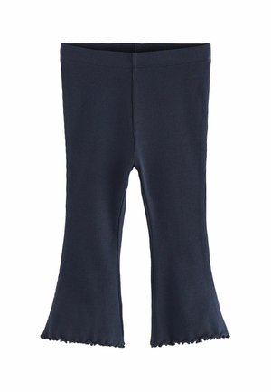 Pantaloni a tromba a costine blu navy con bordo arruffato e vita elastica. Realizzati in tessuto elasticizzato per comfort e facilità di movimento.
