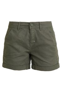 Olive green cotton shorts, featuring a button closure, rolled cuffs, and front pockets with subtle stitching details.
