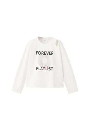 Biela košeľa s dlhým rukávom s malým výrezom na ramene, s textom "FOREVER PLAYLIST" a grafikou vinylovej platne v strede.