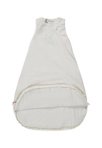Weißer Schlafsack aus weichem Baumwollmaterial, mit einem Reißverschluss und einem gestickten Fuchsdesign in Hellblau auf der Vorderseite.