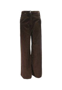 Pantaloni a gamba larga in corduroy marrone con vita alta, dotati di tasche frontali e chiusura con bottone. Il tessuto strutturato aggiunge interesse visivo.